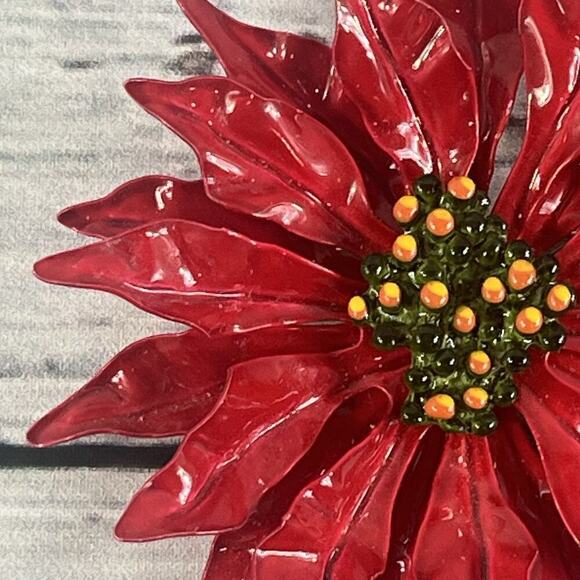 Vintage 60's Enamel Flower Poinsettia Brooch Pin Red Green Jewelry MCM Mod 5" - Picture 4 of 16